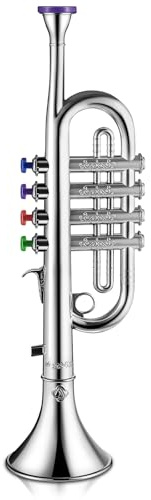 Lewtemi Silver Trumpet Musical Instruments Toy for Kid Toddler Fake Plastic Preschool Music Toy Gift Portable Wind Instrument Early Educational Teaching Songs Gifts for Toddlers Children