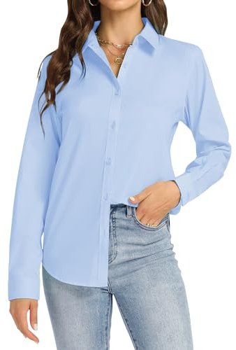J.VER Hemd Damen Blusenshirt Business Reise Blusen Knitterfrei Langarmshirt Stretch Komfort Damenbluse Stylische Oberteile Hell Blau