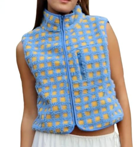 Gilet polaire à carreaux pour femme – Veste sans manches avec fermeture éclair sur le devant et col haut – Gilet chaud à carreaux Sherpa – Haut confortable pour l'automne et l'hiver – Gilet