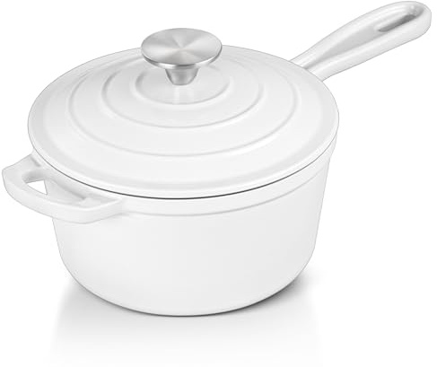 Leonyo - Sartén de hierro fundido esmaltado con tapa, cacerola de 1 cuarto de galón con tapa, utensilios de cocina de hierro fundido resistente para todas las cocinas, salsa de pasta, sopa, leche