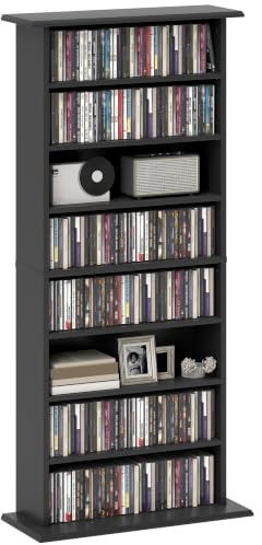 HOMCOM 360 CD/185 DVD Aufbewahrungseinheit, 185 Blu-ray Medien-Speicherregal mit 8 Fächern und 6 verstellbaren Regalen, CD-Turm für Wohnzimmer, Schlafzimmer, Büro, Schwarz