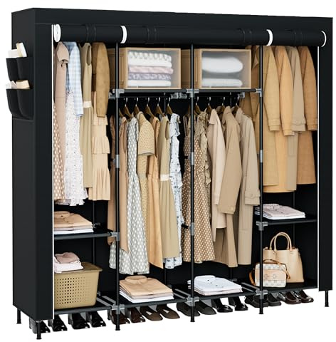 CASAMAYA Portable Closet, 66.9 Inch Large Capacity Wardrobe Closet with Cover, Clothes Storage Organizer with Shelves and 4 Hanging Rods, Easy to Assembly, Black PCT204B01