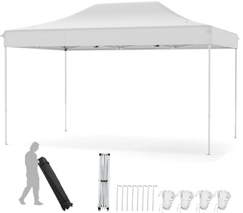 COSTWAY Carpa Plegable 3x4,45m, Pop-up, Pergolas de Jardin con Agujeros de Drenaje, Bolsa de Transporte con Ruedas, Altura Ajustable, Cenador Jardin Exterior (Beige)