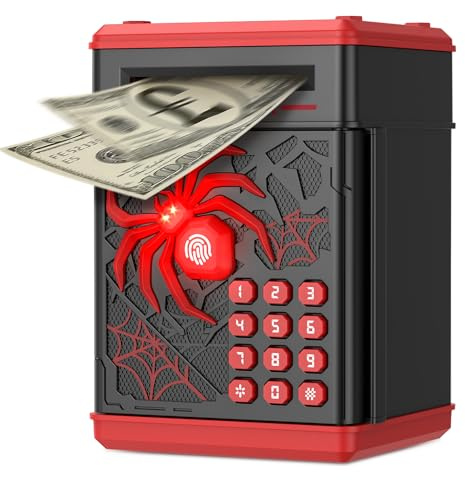 Spider Money Box,Thedttoy Smart Piggy Bank for Kids,Cash Saving Box with Simulated Fingerprint PIN,LED Light,Boys Girls Birthday Present for 3-12 Years-Black