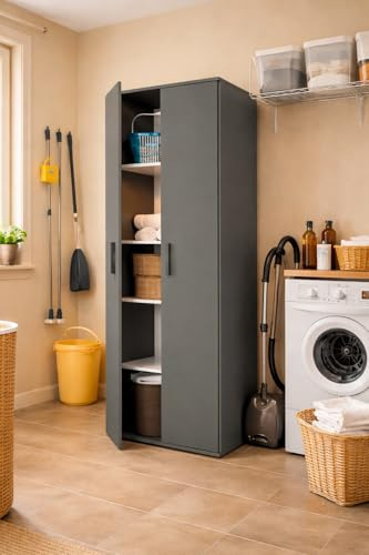 Happy Babies Utility-Schrank 60 cm | Weiß | Vorratsschrank für Staubsauger, Mopps & Reinigungsmittel | 176 cm hoch – Laminierte 16 mm Platte, Mattes ABS-Finish (Graphit)