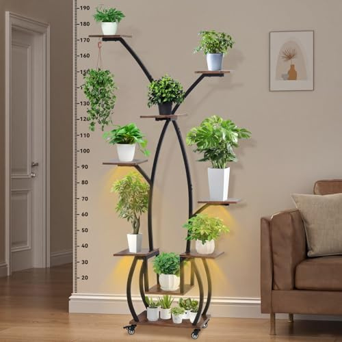 Hutigertech Pflanzenständer mit Wachstumslicht - 9 Ebenen Blumenständer 170cm Metall Holz Pflanzenregal mit LED Wachstumslicht und bewegliche Rollen für Wohnzimmer, Balkon, Schlafzimmer