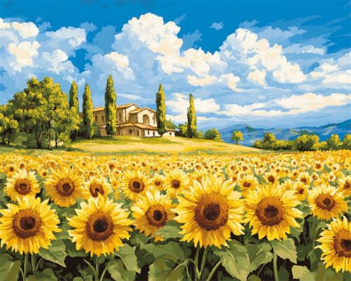 AYAOYANGGO Kreuzstich Set Ländliche Sonnenblumenlandschaft Diy-Kreuzstich-Sets Für Erwachsene Mit Nadeln,Scheren-Einfädler,Vordruck Für Die Wanddekoration Zu Hause 11CT 40x50cm