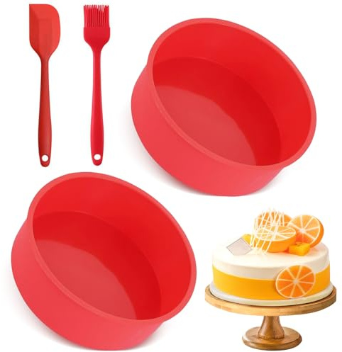 Cake Tin, 2PCS Silicone Rotundity Baking Tin, 8 Inch Rotundity Moulds BPA Free Baking Tray, Reusable Cake Baking Pans for Muffins Puddings Bread(Red)