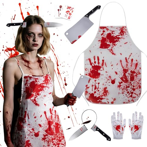 ZoneYan Déguisement Boucher Homme, Sanglant Costume de Chef avec Gants, Couperet, Sanglant Tablier Boucher, Serre Tete Couteau, Tatouages Autocollants, pour Fête d'Halloween Carnaval Mascarade