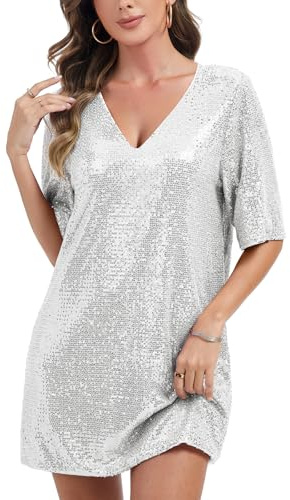 Kyzoeyou Damen Midikleid Kurzarm Pailletten Glitzer A-Linie Kleid Casual Tunika Kleid Rundhal Tshirt Kleider