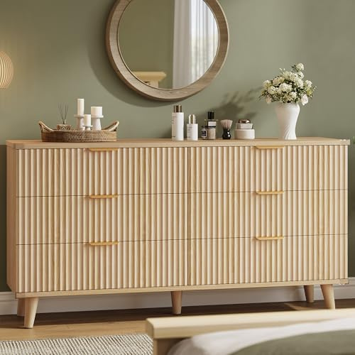Lulive Dresser for Bedroom Wood Dressers Chest of Drawers, Fluted 53.2 Wide Modern Long Dresser TV Stand 6 Drawers for Bedroom, Closet, Living Room, Hallway (Natural)