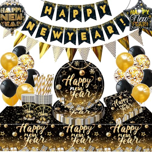 Decoration Nouvel An 2026,Vaisselle du Nouvel an 2026,Deco Fete Nouvelle Année, avec Bonne Année Bannière,Ballons, assiettes et nappe pour Happy New Year Décoration
