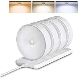 EZVALO 4 Pack Motion Sensor Closet Lights with Charging Station, 1200mAh Rechargeable LED Under Cabinet Lighting, Puck Light, Dimmable, 3 Color Temps, Magnetic, Stick-On for Kitchen, Closet, Stairs