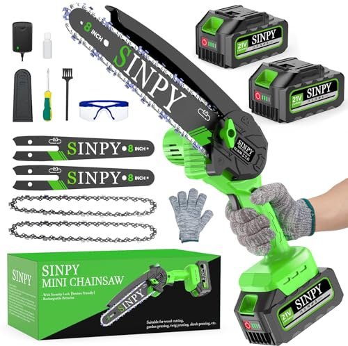 SINPY Mini motosierra inalámbrica de 8 pulgadas con motosierra eléctrica de 2 x 5000 mAh con engrasador automático/bloqueo de seguridad, motosierras de mano para podar árboles