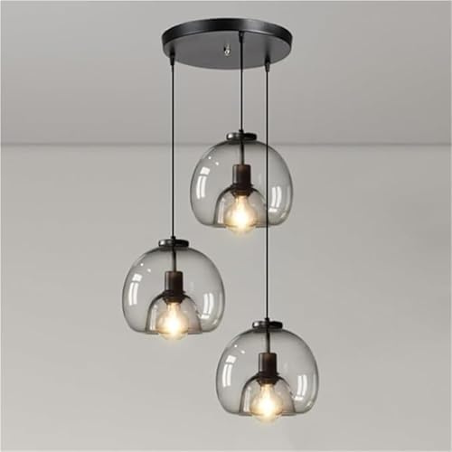 MQDLJSE Lampada a Sospensione per Isola da Cucina a 3 luci, Paralume in Vetro Grigio Fumo, lampadario sferico Nordico Moderno con Attacco E27 per Bar per la Colazione e Sala da Pranzo