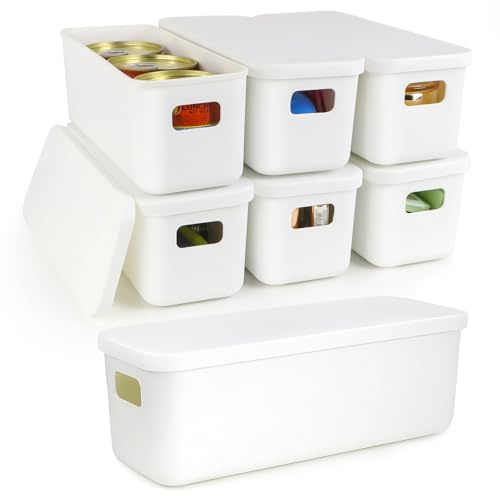 2.2L 10cm Narrow Plastic Storage Boxes with Lids 6 Pack Store Small Items | Dustfree Stackable Long Slim Kitchen Cupboards Organiser Containers Sort Baskets 28×10×9.5cm Fit Wine Rack Bathroom Cabinet