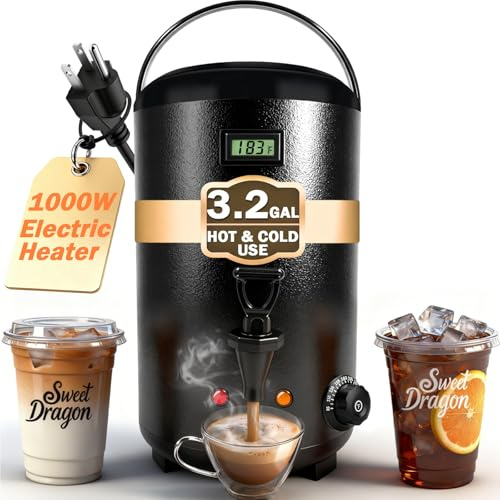 Electric Insulated Beverage Dispenser With Heating – 75 Cup Hot & Cold Drink Water Urn with Spigot – 12 L / 3.2 Gallon Stainless Steel Hot Coffee & Tea Drink Dispenser for Catering, Juice, Milk, Black