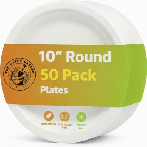 Strong Bagasse Paper Plates, 10 Inch Round (Pack of 50) | - Heavy Duty Disposable Plate, Eco Friendly Sugarcane Dishes, Compostable Party Plates, Microwave & Freezer Safe