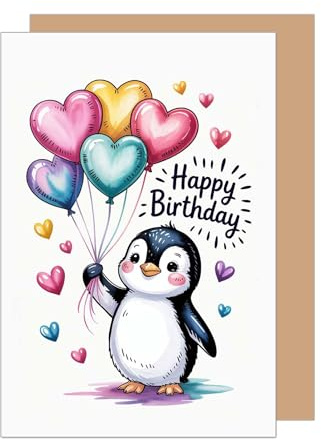 Edition Seidel, biglietto di auguri premium per compleanno con busta. Biglietto di auguri, biglietto di compleanno, frase in inglese, pinguini, palloncini, cuori, festa per uomo, donna, bambino (G4058
