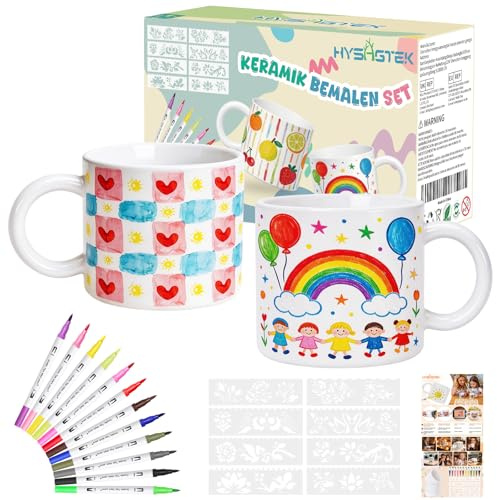 Hysagtek Keramik Tassen Bemalen Set - Tassen Bemalen DIY Set | Inkl 12 Malstiften und 8 Schablonen, Kreatives Bastelset Geschenk für Erwachsene & Paare