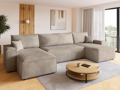 BROMARKT Ecksofa mit Schlaffunktion Cord Beige Wohnlandschaft u Form Big Sofa Schlafsofa mit Bettkasten Schlafcouch Wohnzimmer Couch 5 sitzer 312x143x85 cm ADI