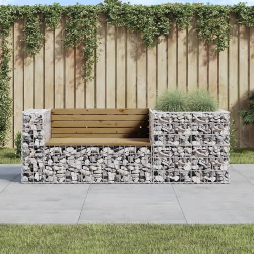 Teenpull Garden Bench with Gabion Basket, Impregnated Pine Wood Outdoor Seating, Weatherproof Park Bench for Patio and Porch