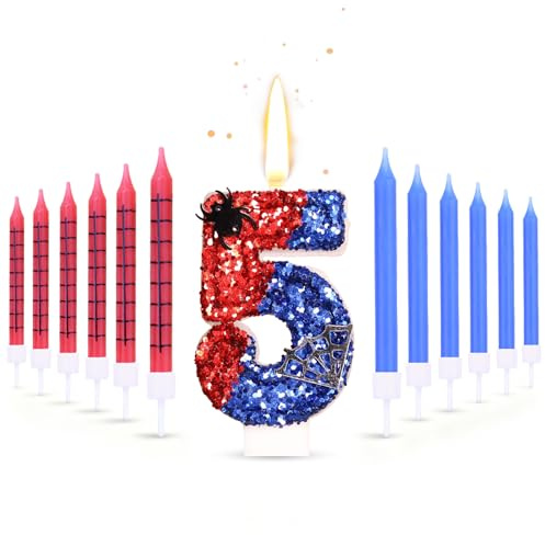13PCS Spider Candle Cake Decorations, Spider Number 5 Cake Topper Birthday Decorations, Blue Red Number Cake Candles Suitable for Spider Theme Birthday Anniversary Wedding Party Graduation Party