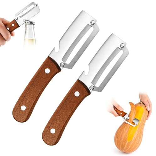 Quelcc 2 Pcs Éplucheur Légumes Multifonction, 2 en 1 Éplucheur avec Lame Inox Ultra-Tranchante et Manche Bois Ergonomique, Épluchage sans effort des pommes de terre, pommes, carottes et