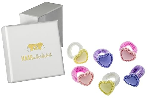 HAARallerliebst Haargummi Set Herz (6 teilig | rosa, blau, gelb) für Mädchen inkl. Schachtel zur Aufbewahrung (Schachtelfarbe: weiss)