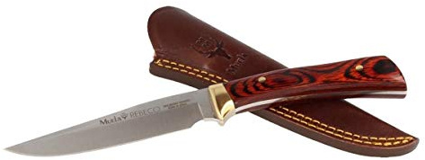 Muela Cuchillo REBECO 11R hoja de acero ACX-380 de 12 cm y empuñadura de estamina para Caza, Pesca, Supervivencia y Bushcraft Realizado en Ciudad Real + Portabotellas de regalo