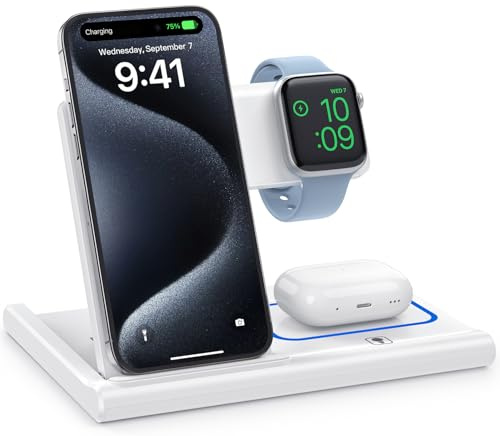 Foldable Induction Charger, 3 in 1 Wireless Charger Compatible with iPhone 13 12 11 Pro Max/XR/XS Max/X/8 Plus, Fast Qi Charging Station Compatible with Apple Watch Series White