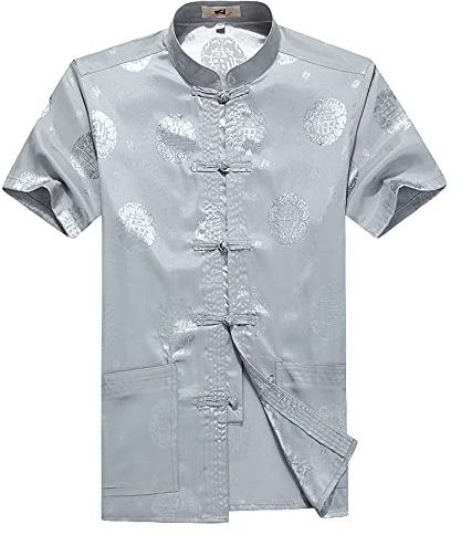 G-LIKE Chinesisches Sommer Hemd Tang-Stil - Traditionelle Herren Damen Kleidung Tangzhuang Kostüm Freizeithemd Shirt Kampfkunst Kung Fu Tai Chi Trainingskleidung Kurze Ärmel Uniform (Grau, L)