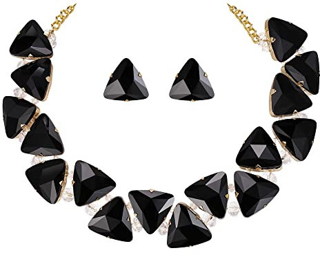 Clearine Art Deco Sparkly Statement Halskette Ohrringe Set Dreieck Schmuckset für Damen, Schwarz Gold-Ton