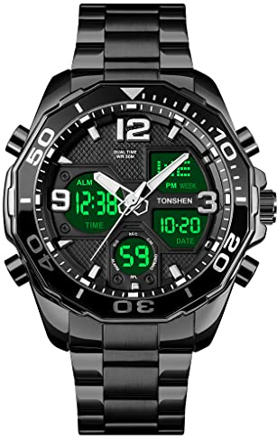 TONSHEN Herrenuhr Fashion Edelstahl Digital Uhren Sportuhr LED Elektronik Analog Quarz Double Zeit Alarm Datum Casual Sport Multifunktion Armbanduhr