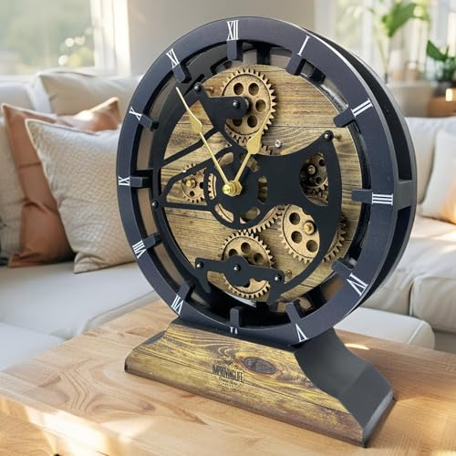 ImprovingLife The Gears Clock Schreibtischuhr, 25,4 cm, mit echten beweglichen Zahnrädern, umwandelbar in Wanduhr (Gold Antik)