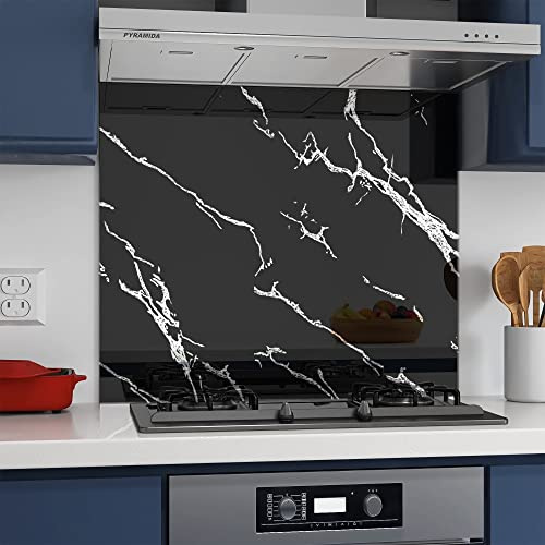 Home Supplies Tempered Glass Splashback for Kitchen, 6mm Toughened Glass Heat Resistant Splashbacks for Cookers (60X65, Black Marble Glass)
