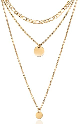 RUGGED STEEL - Damen Layering Ketten Set Edelstahl Plättchen Anhänger Coin - Figarokette 40 + 8 cm Kordelkette 45 + 8 cm Panzerkette 60 cm - 7 mögliche Styles - Silber Gold Roségold - inkl Schmuck-Box