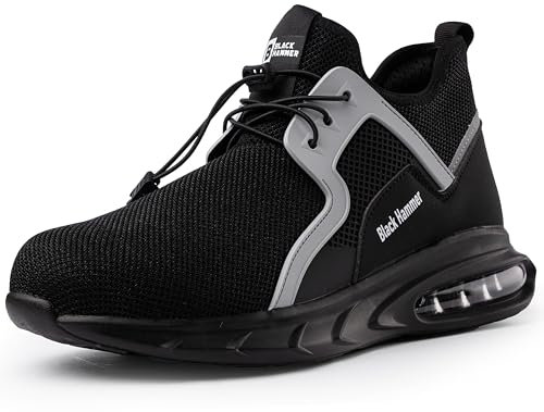 Black Hammer Mens Steel Toe Cap Trainers for Work Safety Shoes|Lightweight & Comfortable |Cushioned Non-Slip Soles S1P SRC 1900 Black (8 UK)
