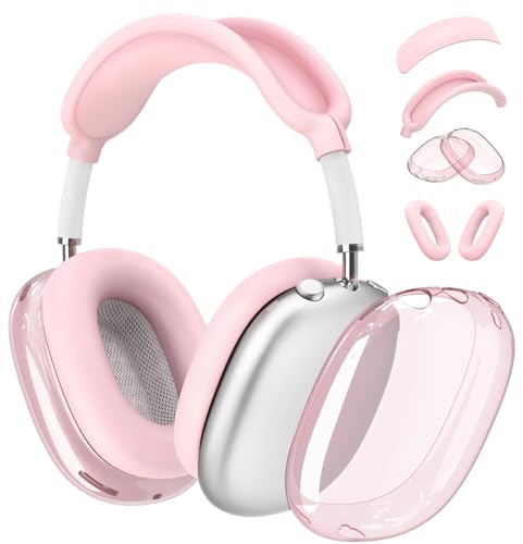 【4 in 1】 Set for Apple AirPod Max Case Cover, Anti-Scratch Ear Pad Covers/Ear Cups Cover/Headband Cover, AirPod Max Covers Accessories for Apple AirPods Max (2020 Lightning /2024 USB-C)-Clear Pink