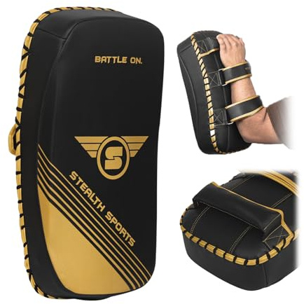 Stealth Sports Muay-Thai-Pad, gebogen (EIN Schild), Box-Schlagschild für Boxtraining, MMA, Sparring, Taekwondo, Karate, Kampfsport, langlebiges Kick-Shield, Kickbox-Pad (1 Stück) (Mattschwarz & Gold)