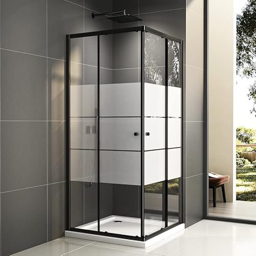 Duschkabine 80x80 cm, Schwarz Milchglas Streife Eckeinstieg Doppel Schiebetür Duschabtrennung Duschwand Dusche ESG Sicherheisklarglas Schnelle Installation Links Rechts Montierbar Höhe 185cm Links