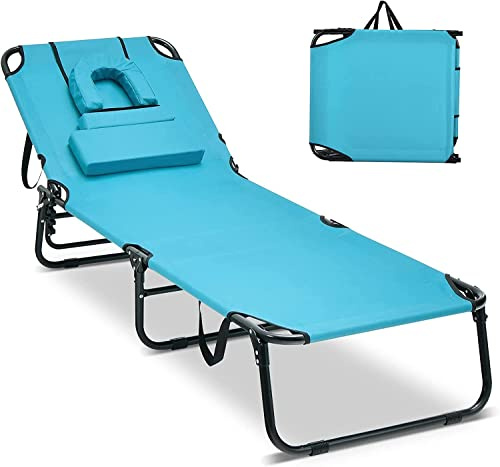 GIANTEX Sedia Sdraio Pieghevole, Sedia Sdraio da Esterno con Foro per il Viso e Cuscini, Lettino Mare Pieghevole Portatile per Spiaggia,64x29x193,5 cm, 3 Colori (Turchese)