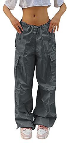 Fallschirmhose Damen Baggy - Cargohose Damen Oversize Y2K Hose Hip Hop Fallschirm Freizeithose mit Gummizug Drawstring Jogginghose Streetwear Locker Lange Hosen für Damen Teenager Mädchen