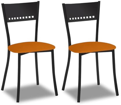 2 Sillas metálicas con Respaldo de Escalera y Asiento tapizado - Estructura Color Negra - Asiento en Polipiel Naranja