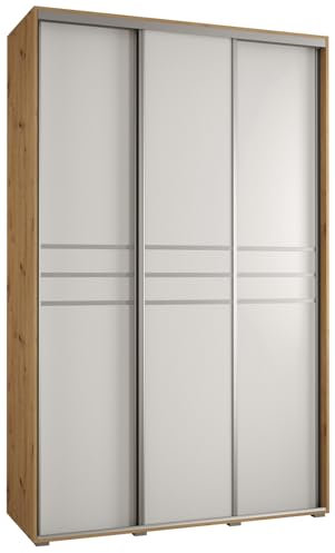 MEBLE KRYSPOL Cannes 10 Moderner Schrank mit 3 Schiebetüren mit Stange, Regale - Aufbewahrungsschrank für Schlafzimmer, Wohnzimmer - 205,2x160x45 cm - Artisan Weiß Silber