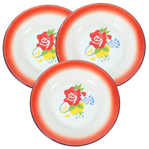 Zerodeko Vintage Enamelware Plates 20cm Round Enamel Dish Food Tray Floral Pattern 3pcs Set Retro Tableware for Home Dining and BBQ