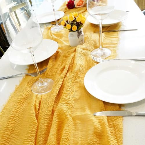Swsen Käsetuch Tischläufer Goldgelb 90 x 300cm, Boho Gaze Hochzeit Tischläufer - Romantischer Hochzeitsläufer für Hochzeit, Geburtstag, Brautdusche, Babyparty, Tischdekoration