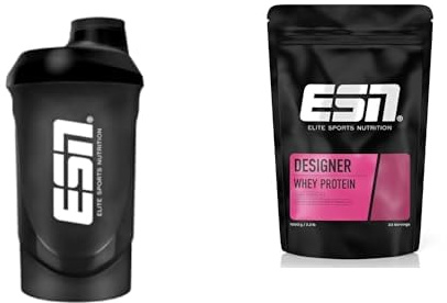 ESN Shaker, Black, 600 ml, auslaufsicher, Shaker mit Messskala zum einfachen Dosieren + Designer Whey Protein Pulver, Vanilla, 1 kg, Bis zu 23 g Protein pro Portion, made in Germany