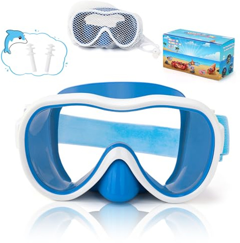 Kids Swim Goggles, Snorkel Mask Diving Mask Swimming Goggles with Nose Cover and Elastic Straps Cover & Mesh Bag & Ear Plugs