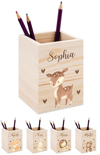 Bärenfreunde® - Personalisierter Stiftehalter Kinder aus Holz - Kreativer und praktischer Schreibtisch-Organizer Kinder mit Namen - Perfektes Einschulung Geschenk und Geburtstag (Reh)